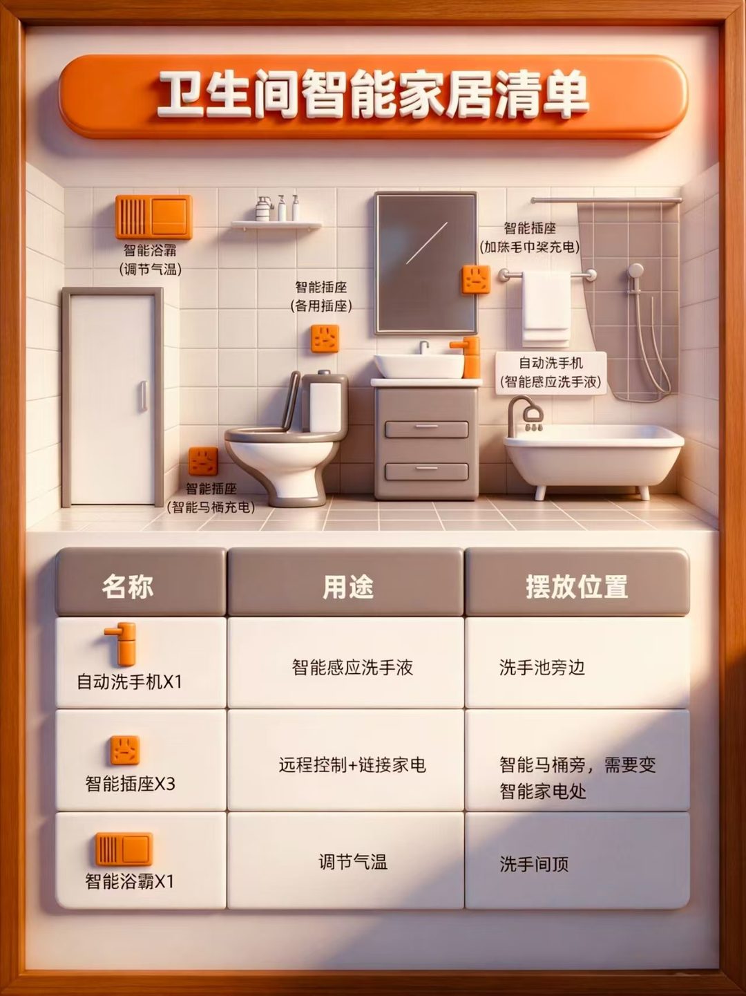 卫生间智能家居点位示意：智能浴霸在顶、自动洗手机在洗手池旁、三处智能插座分别对应智能马桶、加热毛巾架与通用位