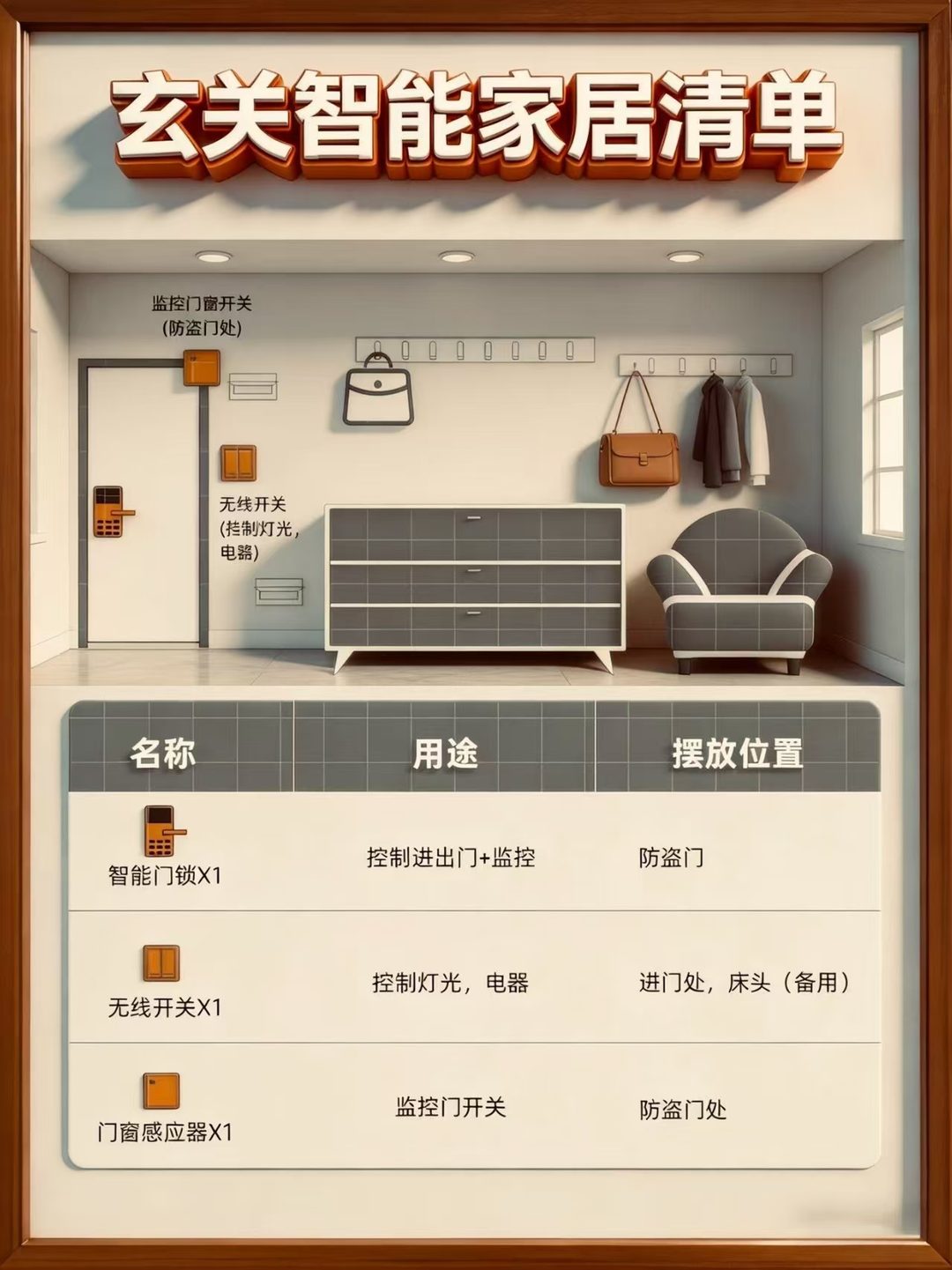 玄关智能家居点位示意：智能门锁与门窗感应器装在防盗门处，无线开关装在进门处墙面