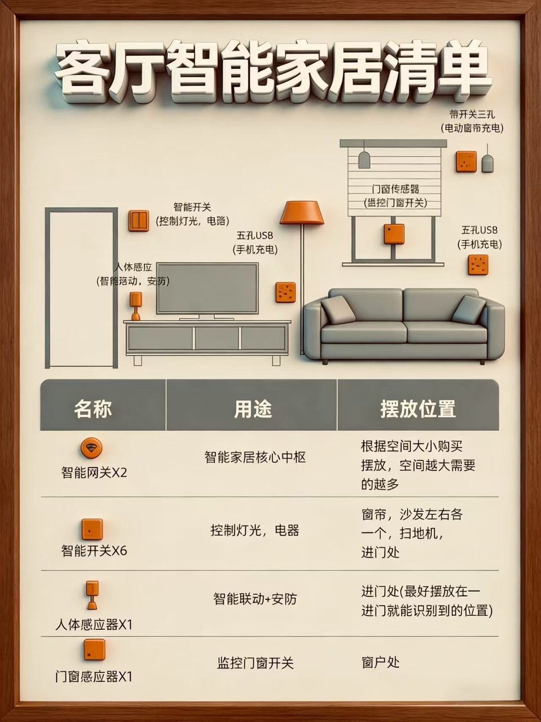 客厅智能家居点位示意：智能网关、六个智能开关、人体感应器、门窗传感器，以及五孔 USB 与带开关三孔插座的位置